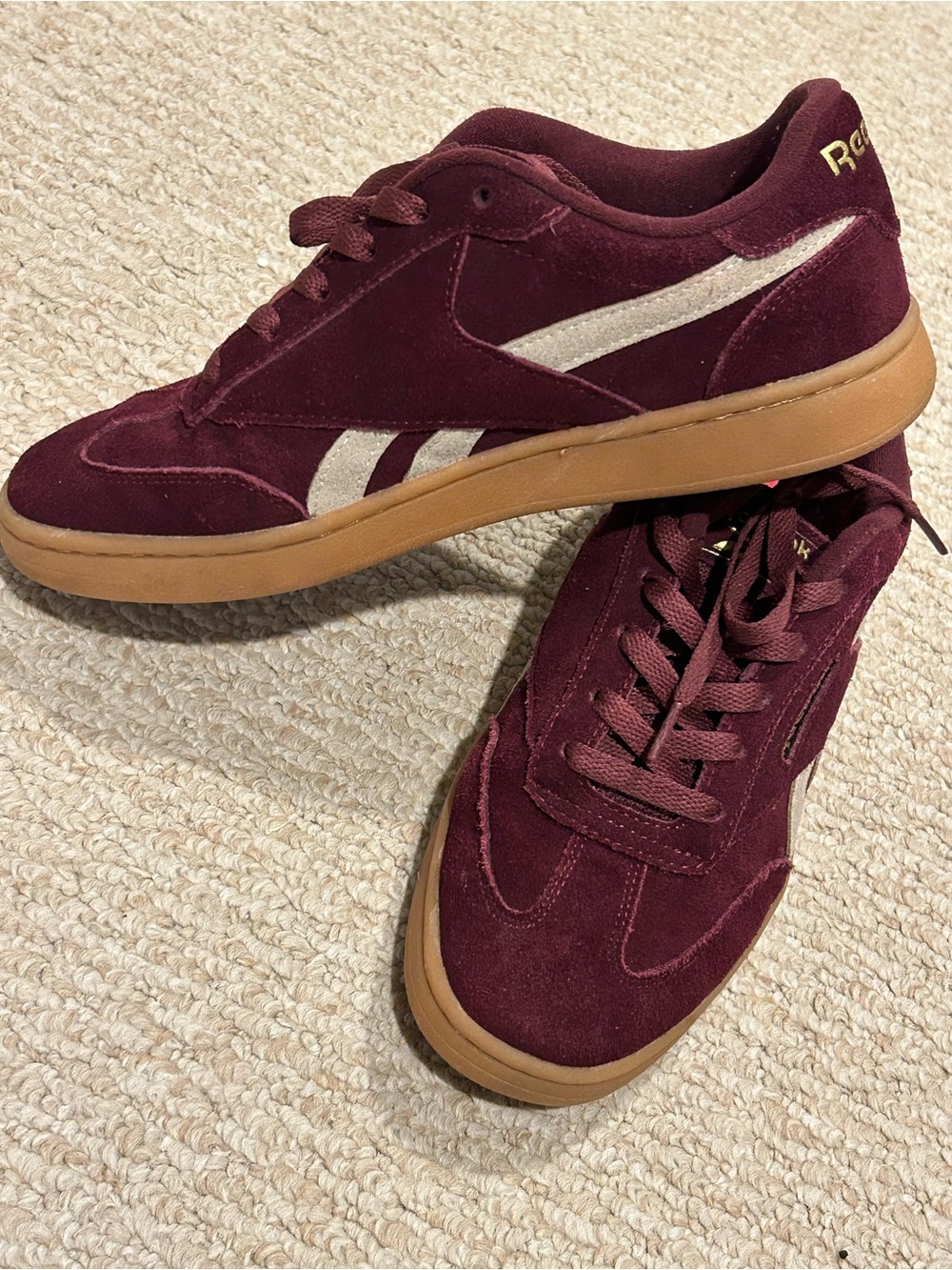 Reebok Burgundy, Tan and Gold Suede Sneakers with Gum Sole
